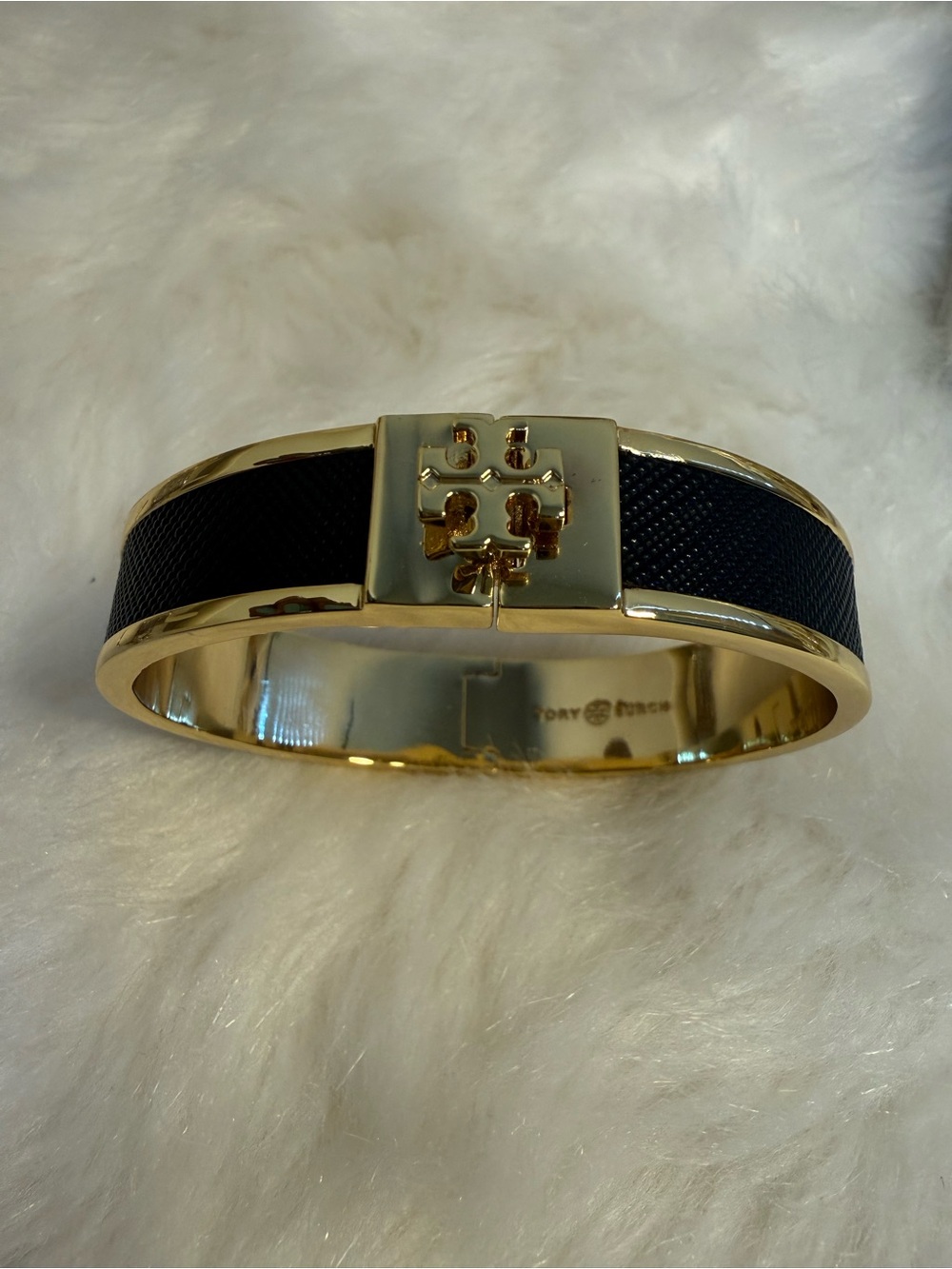 Tory Burch Black and Gold Logo Hinge Bangle